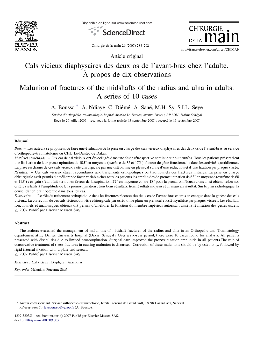 Cals vicieux diaphysaires des deux os de l’avant-bras chez l’adulte. À propos de dix observations