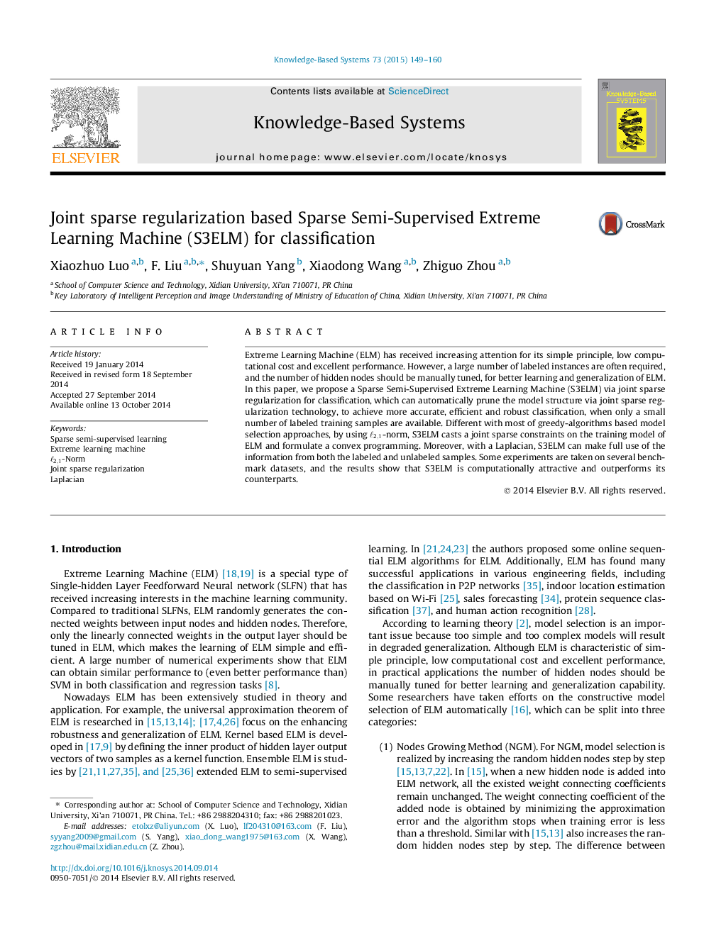 Joint sparse regularization based Sparse Semi-Supervised Extreme Learning Machine (S3ELM) for classification