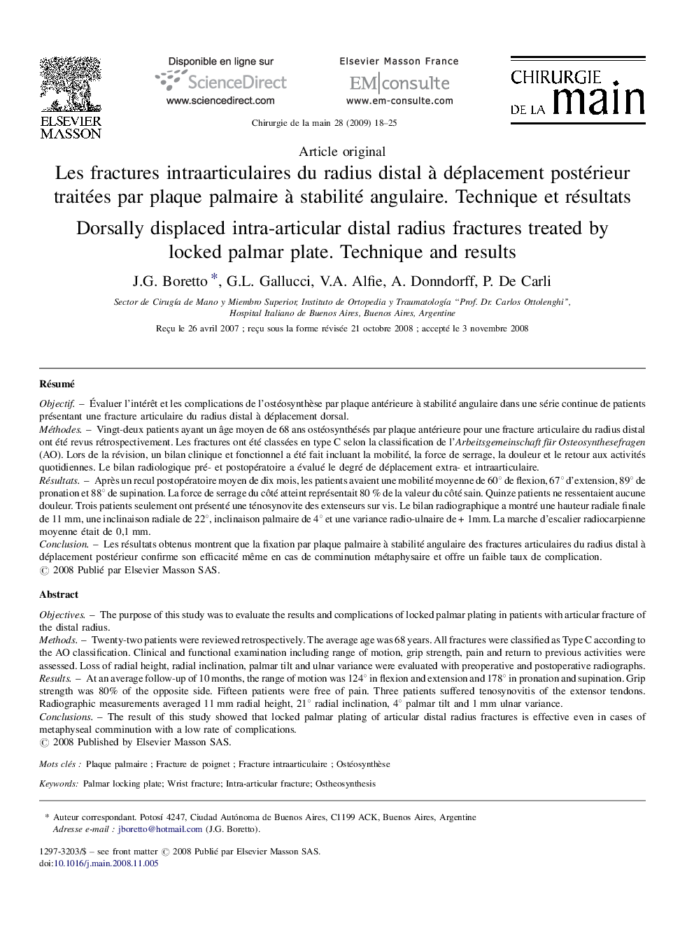 Les fractures intraarticulaires du radius distal à déplacement postérieur traitées par plaque palmaire à stabilité angulaire. Technique et résultats