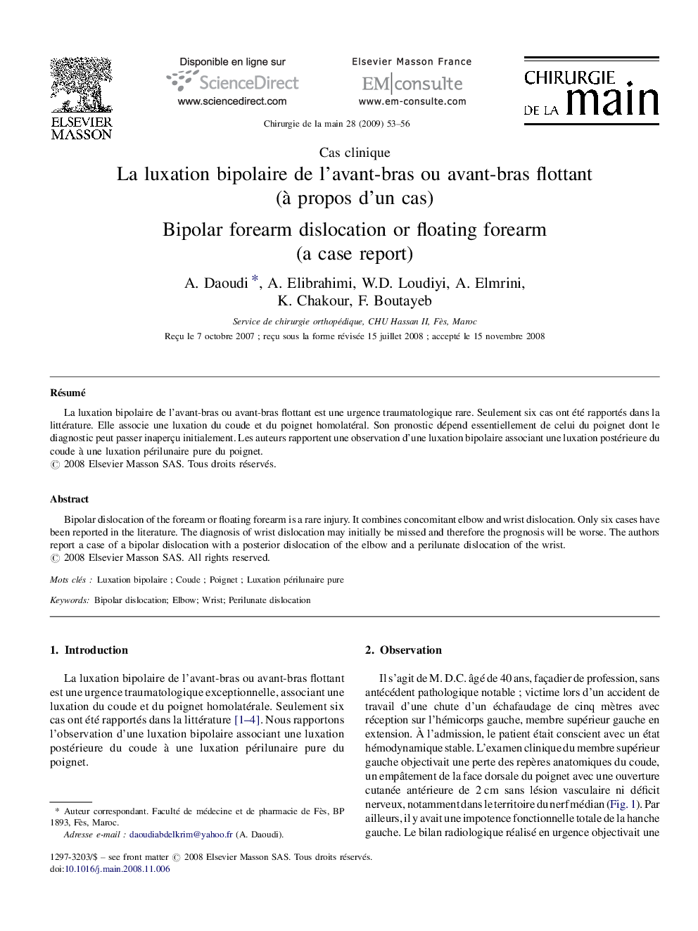 La luxation bipolaire de l’avant-bras ou avant-bras flottant (à propos d’un cas)