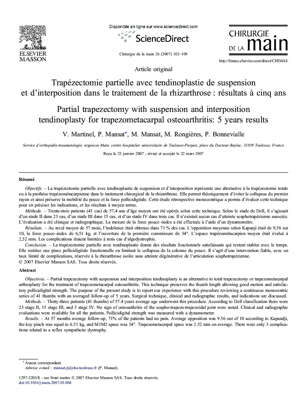 Trapézectomie partielle avec tendinoplastie de suspension et d'interposition dans le traitement de la rhizarthrose : résultats à cinq ans