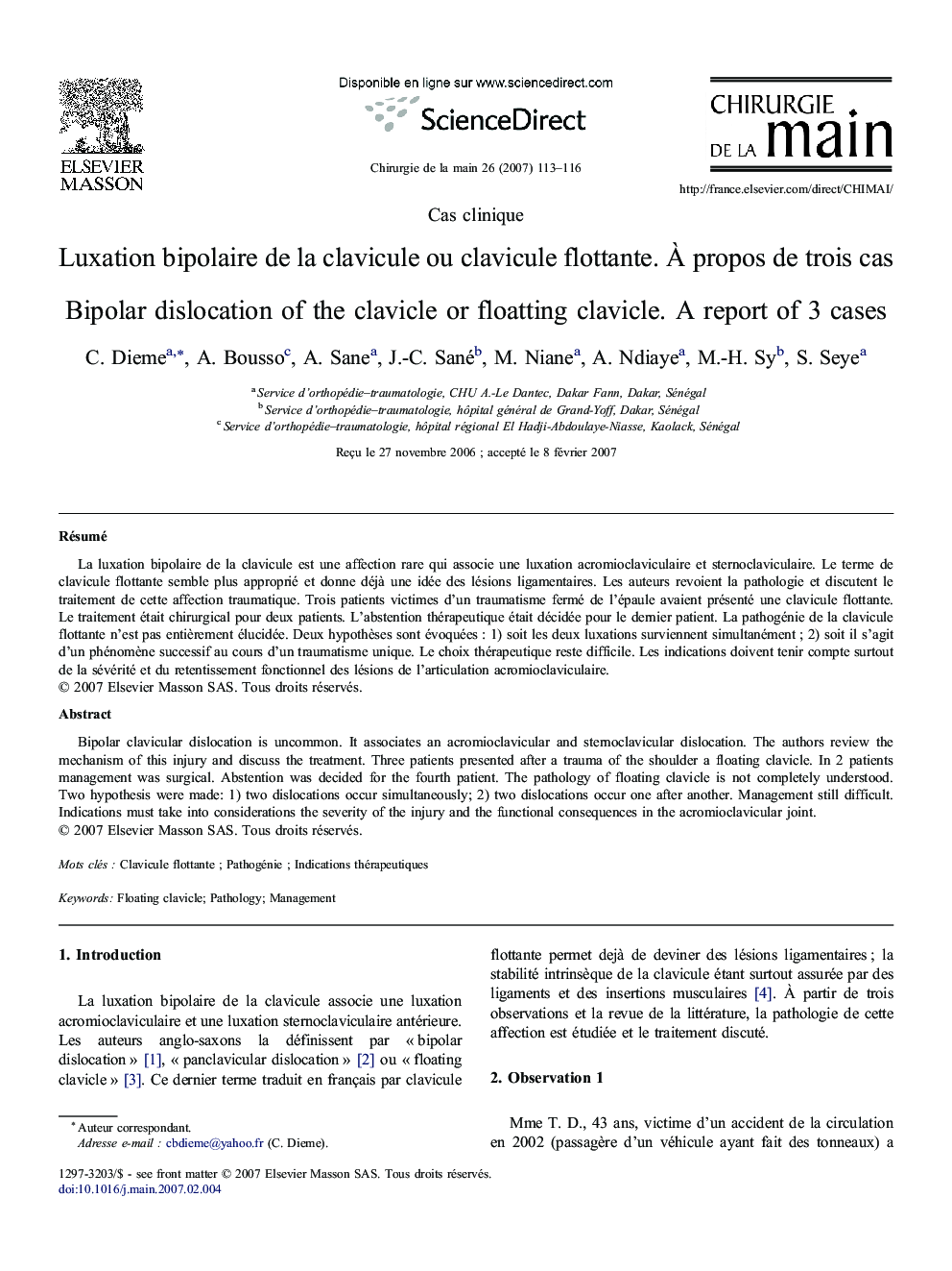 Luxation bipolaire de la clavicule ou clavicule flottante. À propos de trois cas