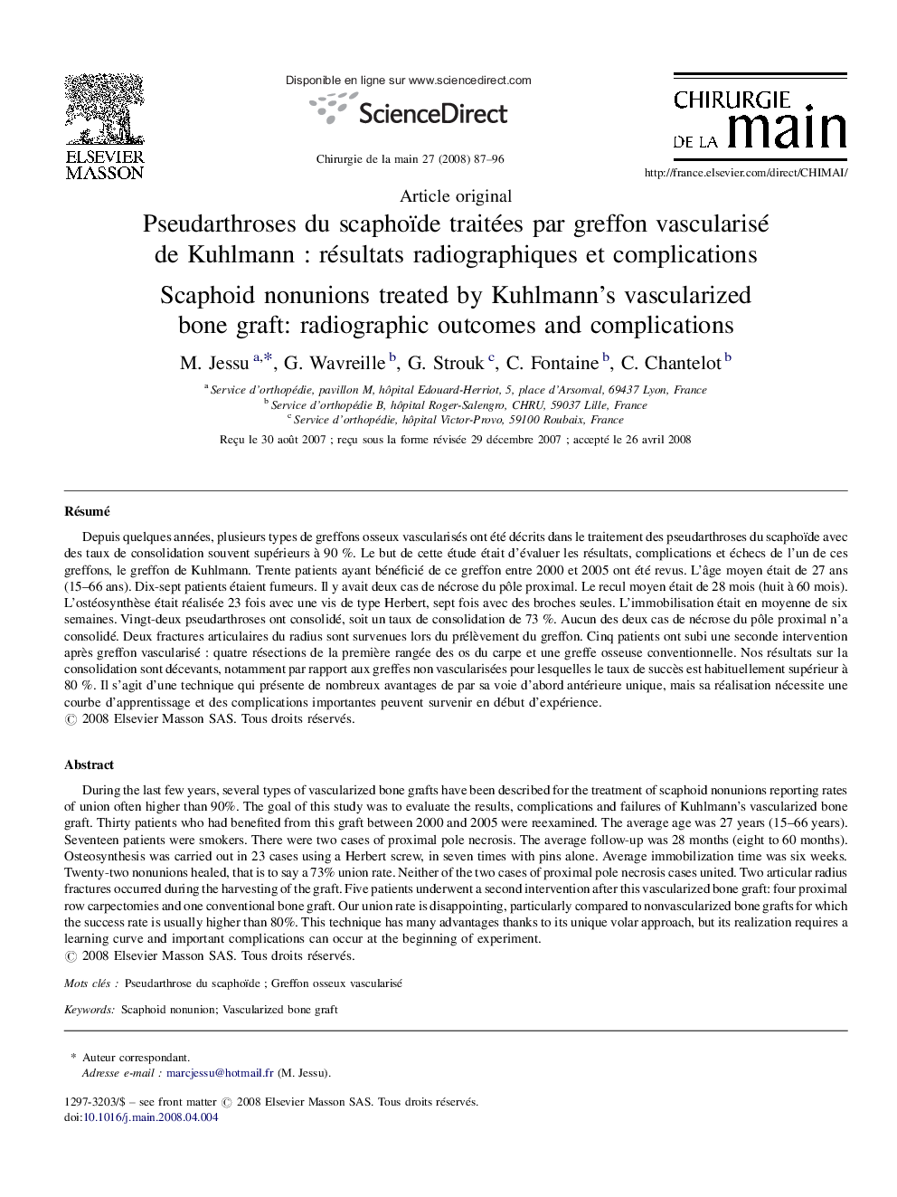 Pseudarthroses du scaphoïde traitées par greffon vascularisé de Kuhlmann : résultats radiographiques et complications