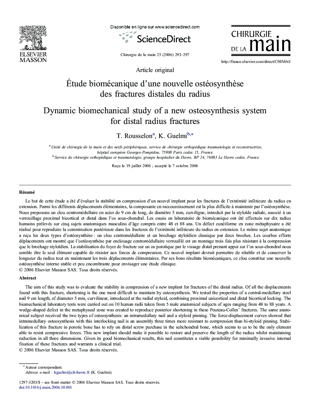 Étude biomécanique d'une nouvelle ostéosynthèse des fractures distales du radius