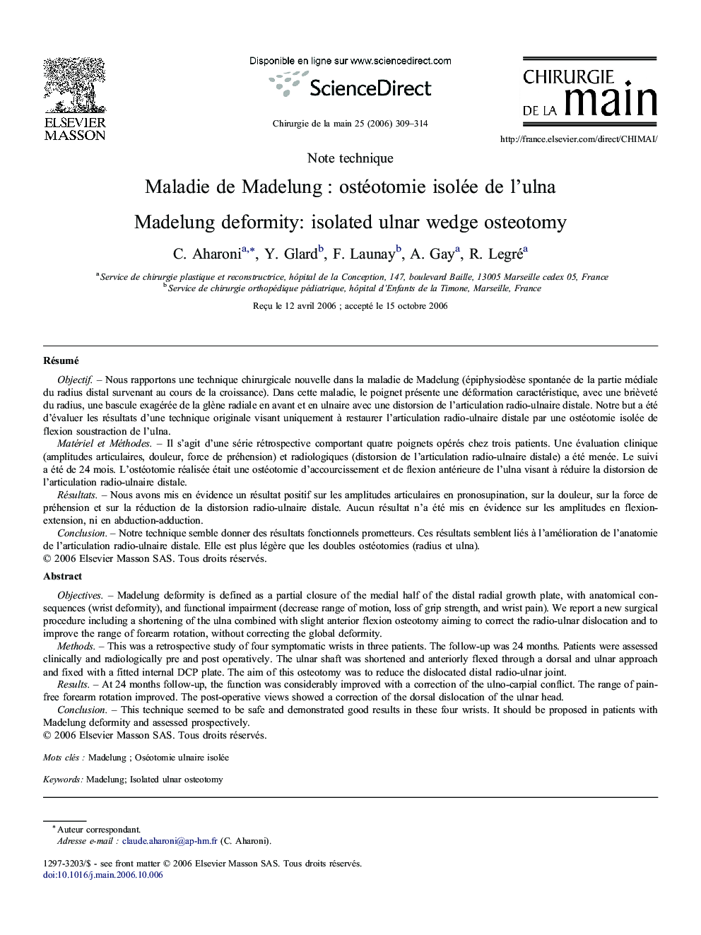 Maladie de Madelung : ostéotomie isolée de l'ulna