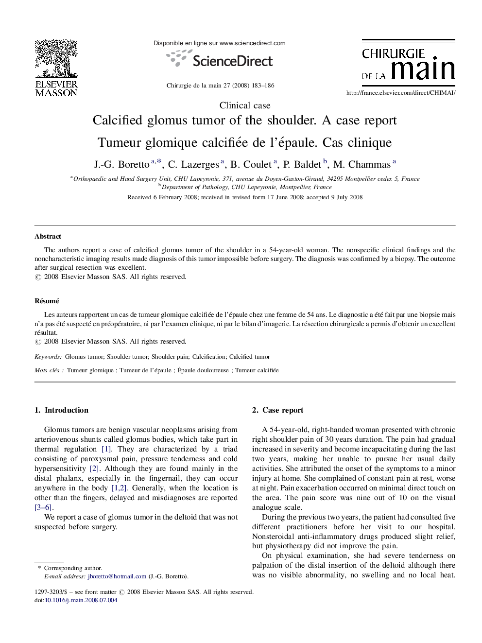 Calcified glomus tumor of the shoulder. A case report