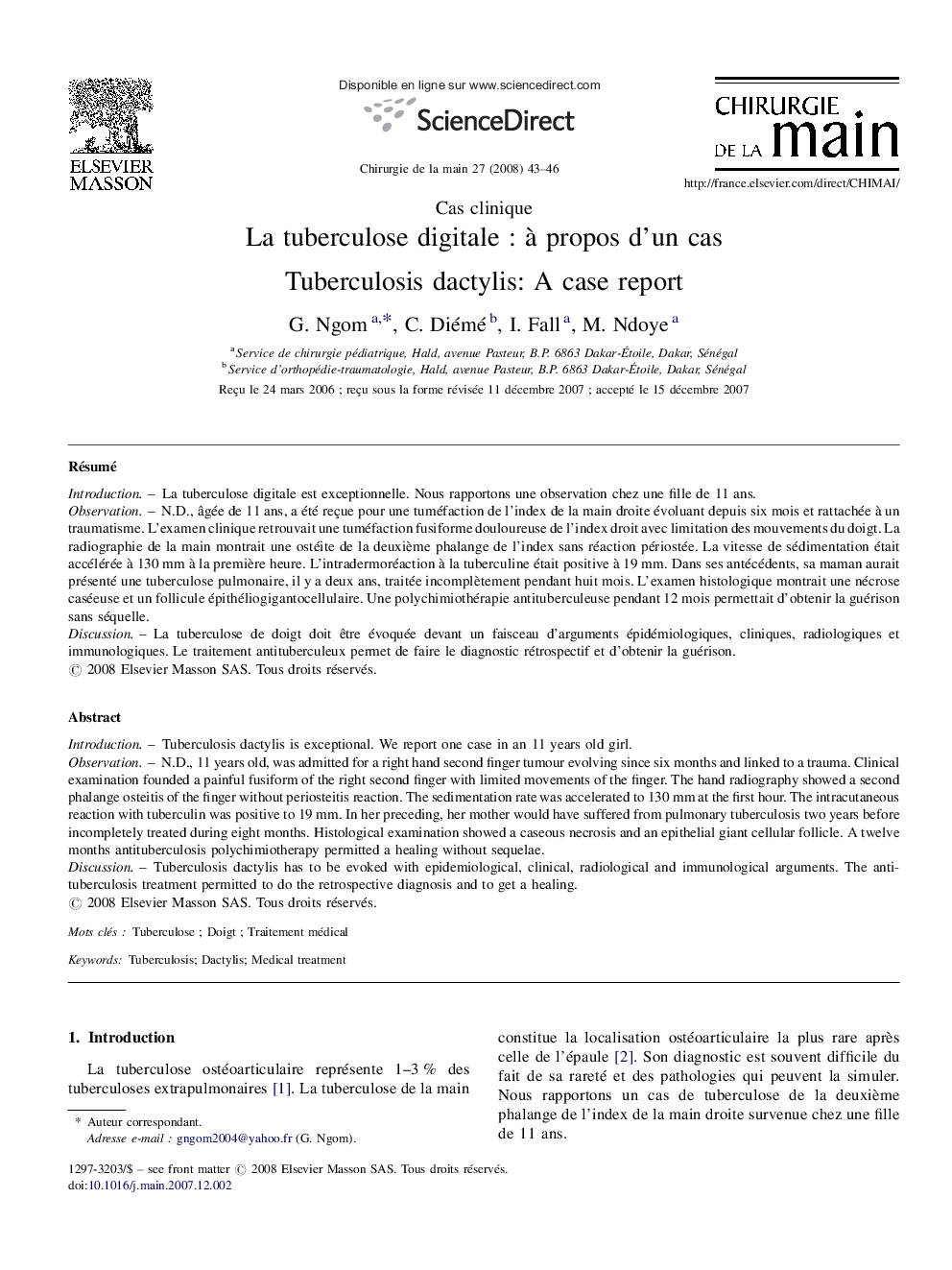 La tuberculose digitale : à propos d’un cas