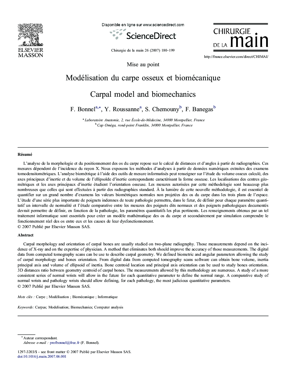 Modélisation du carpe osseux et biomécanique