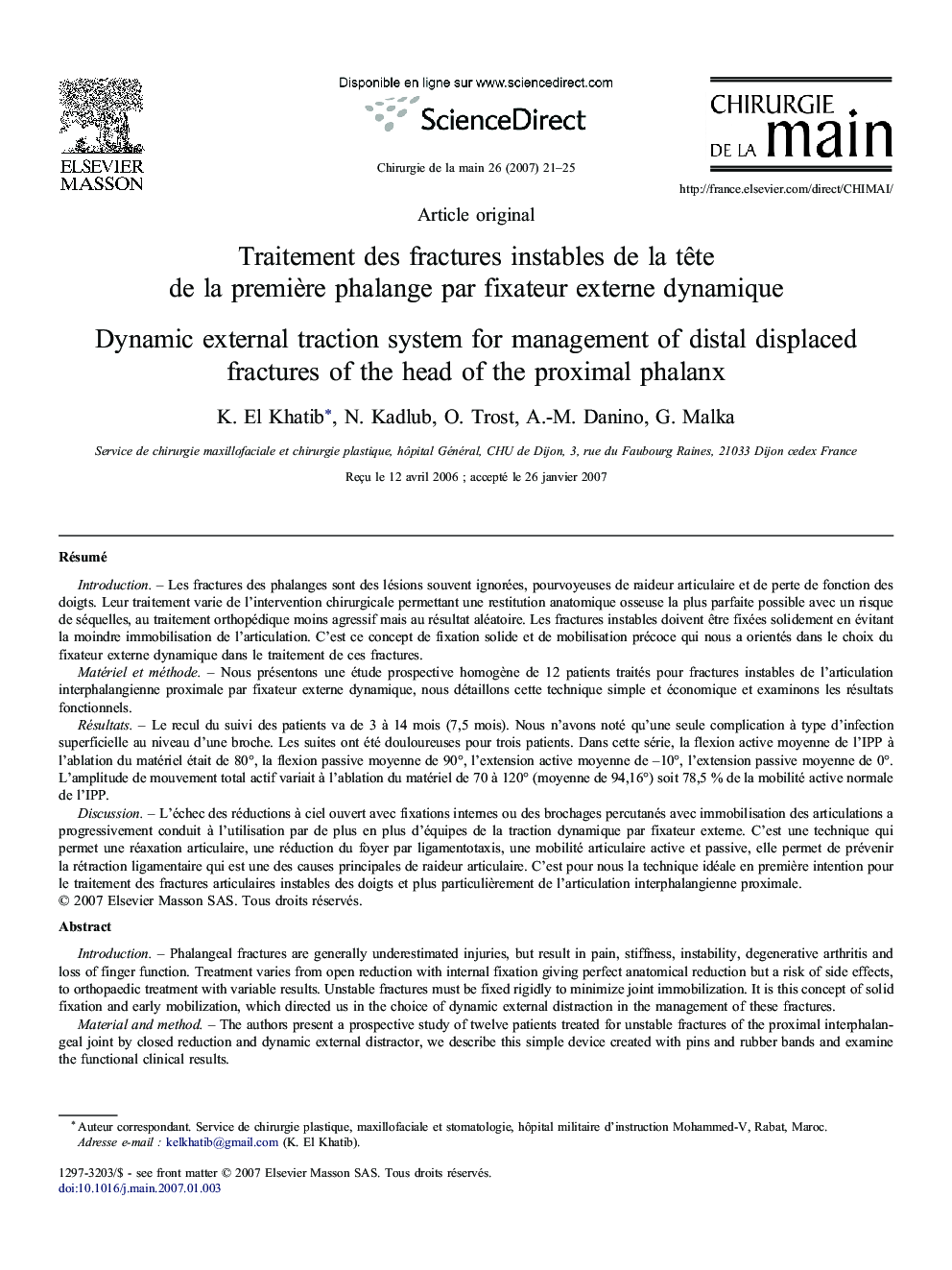 Traitement des fractures instables de la tête de la première phalange par fixateur externe dynamique