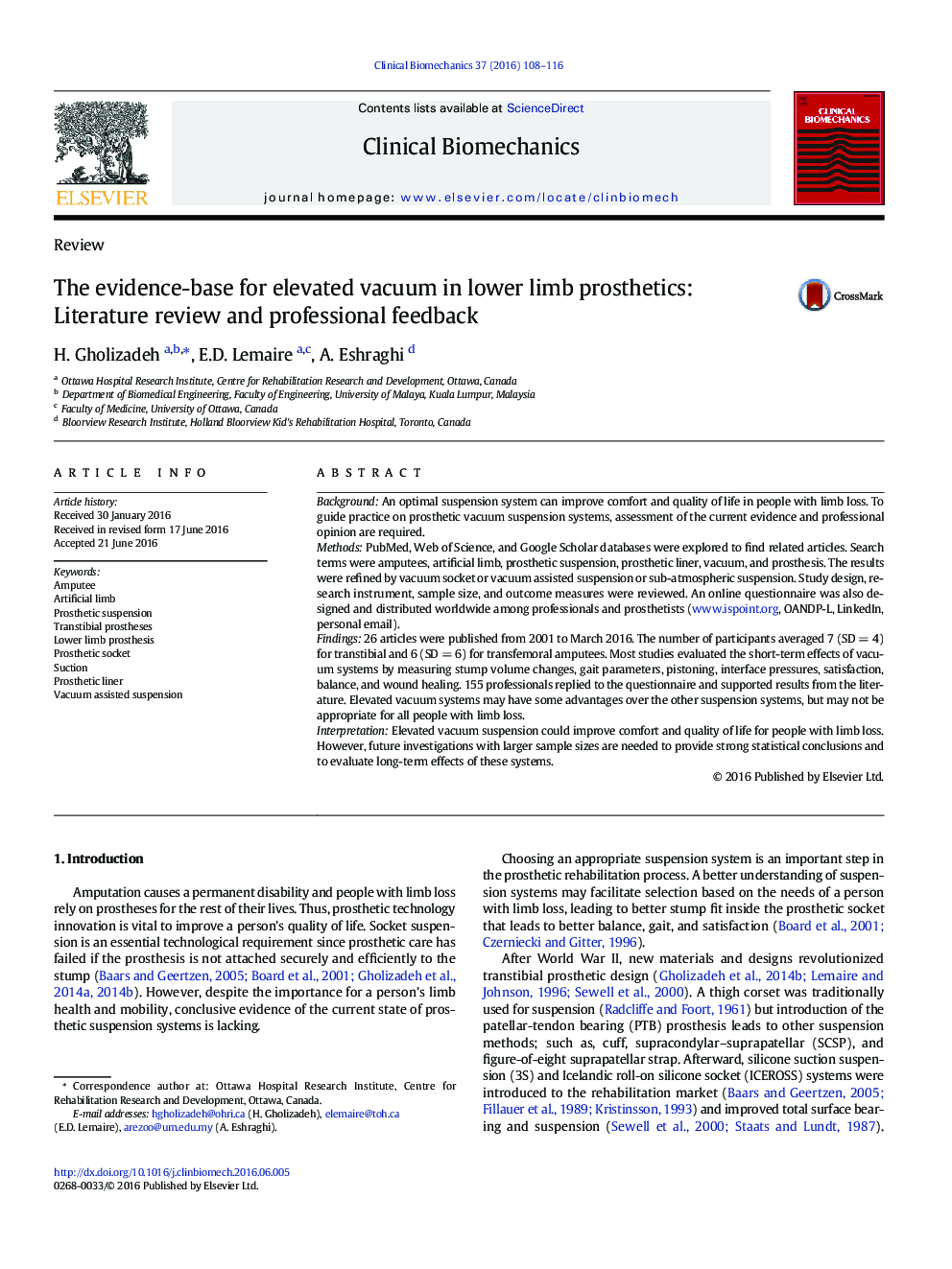 The evidence-base for elevated vacuum in lower limb prosthetics: Literature review and professional feedback