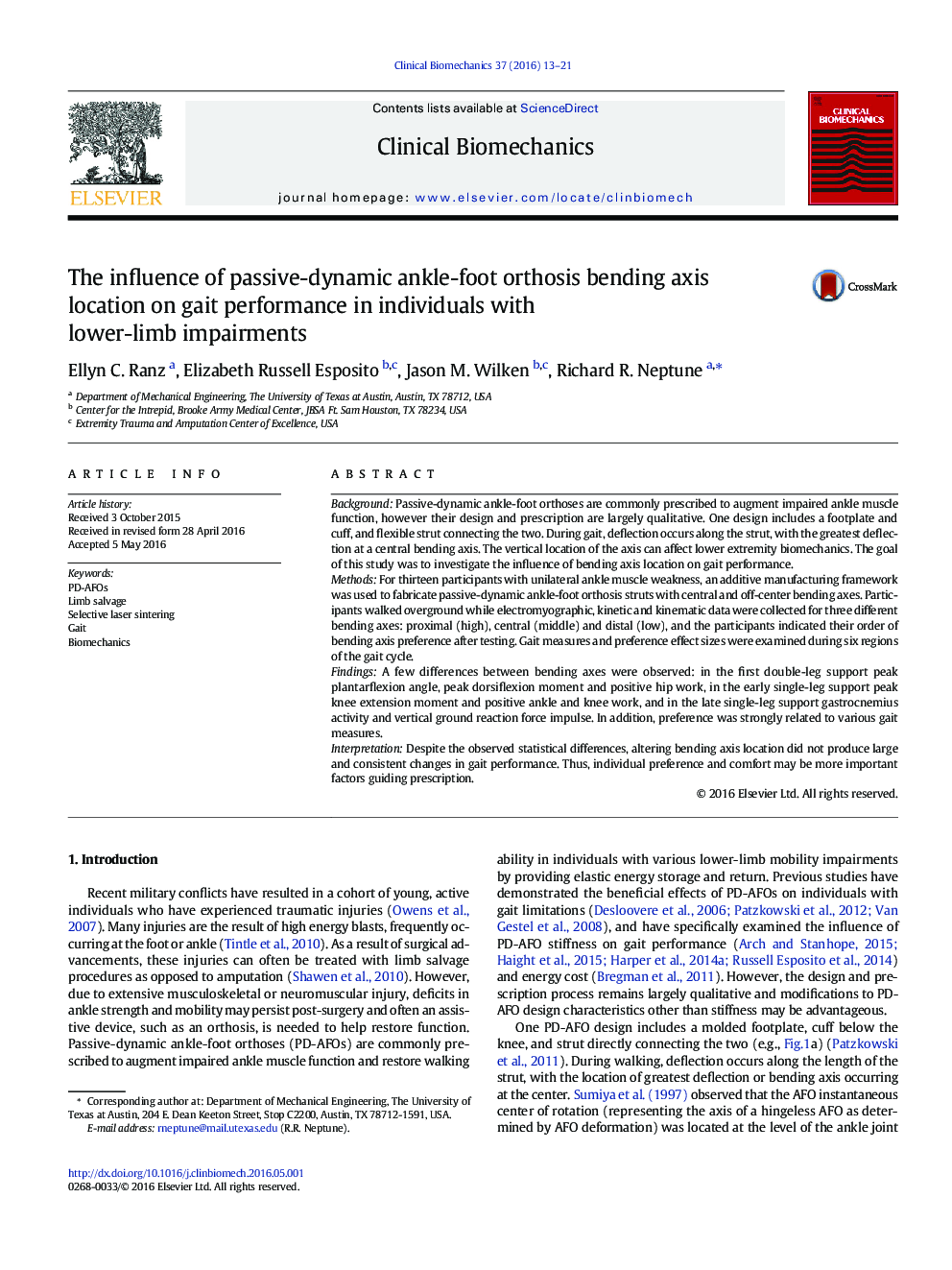 The influence of passive-dynamic ankle-foot orthosis bending axis location on gait performance in individuals with lower-limb impairments