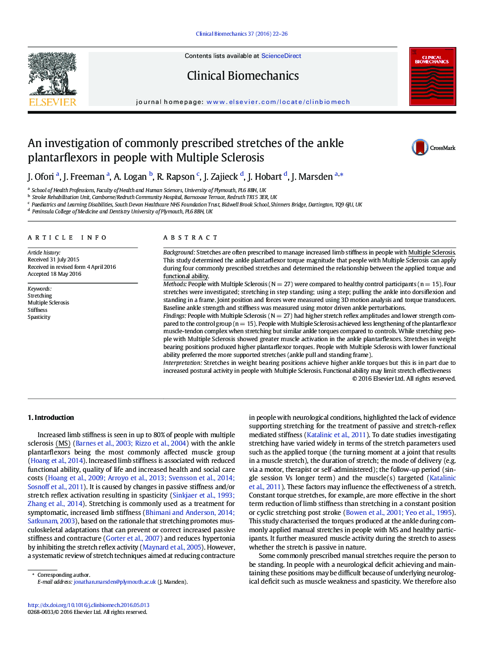 An investigation of commonly prescribed stretches of the ankle plantarflexors in people with Multiple Sclerosis