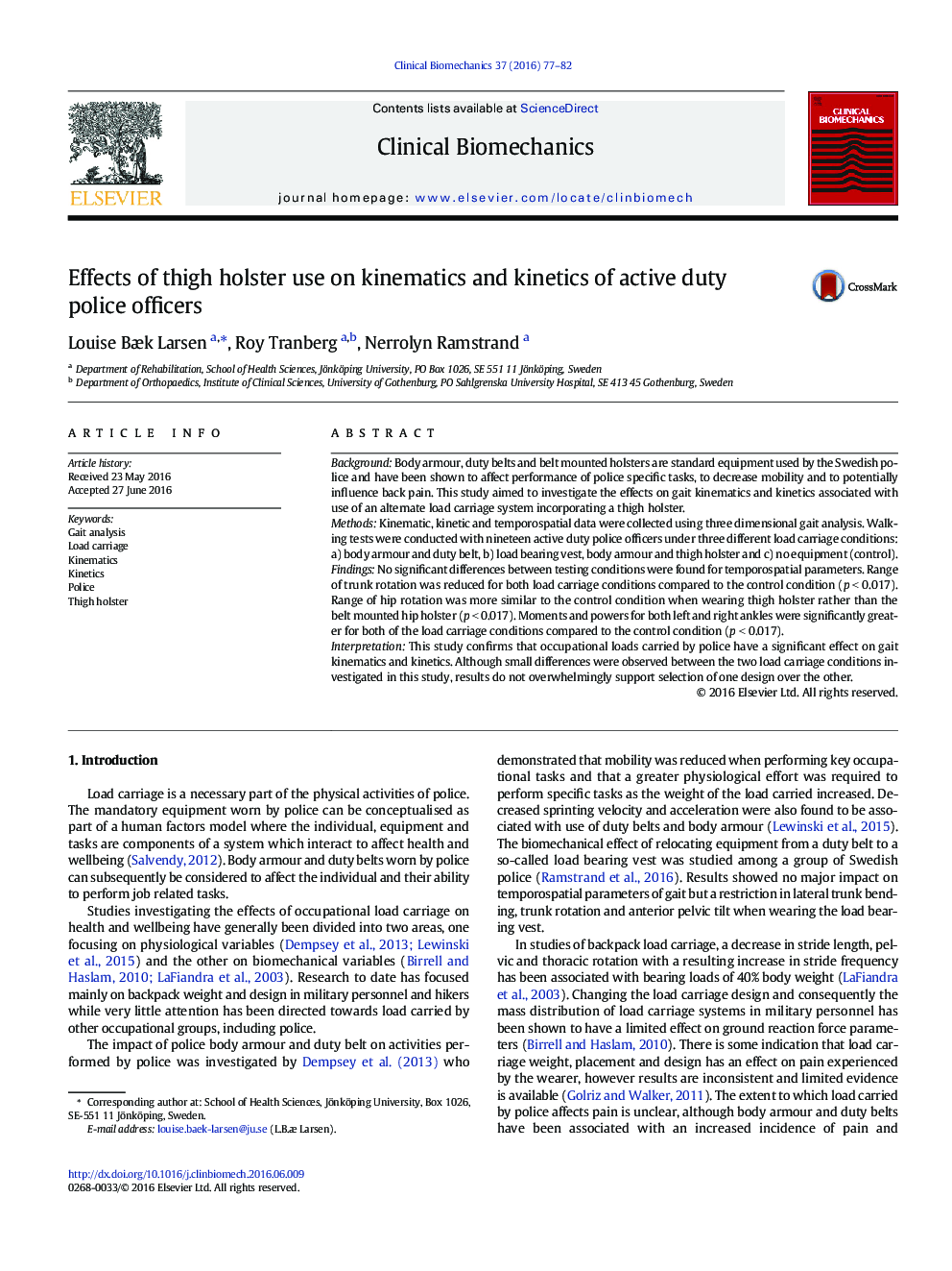 Effects of thigh holster use on kinematics and kinetics of active duty police officers