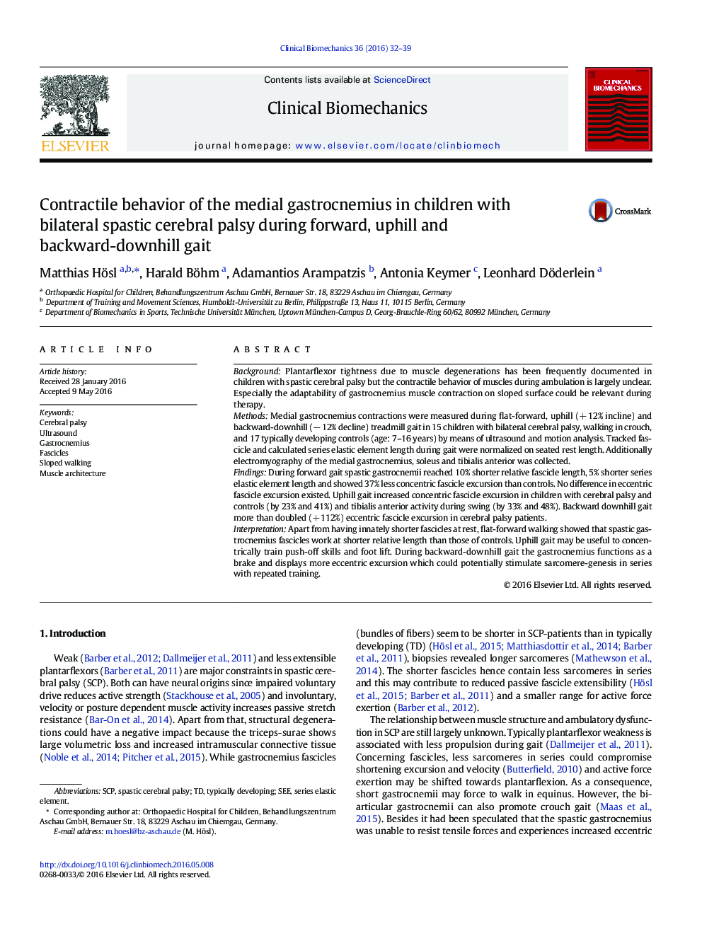 Contractile behavior of the medial gastrocnemius in children with bilateral spastic cerebral palsy during forward, uphill and backward-downhill gait