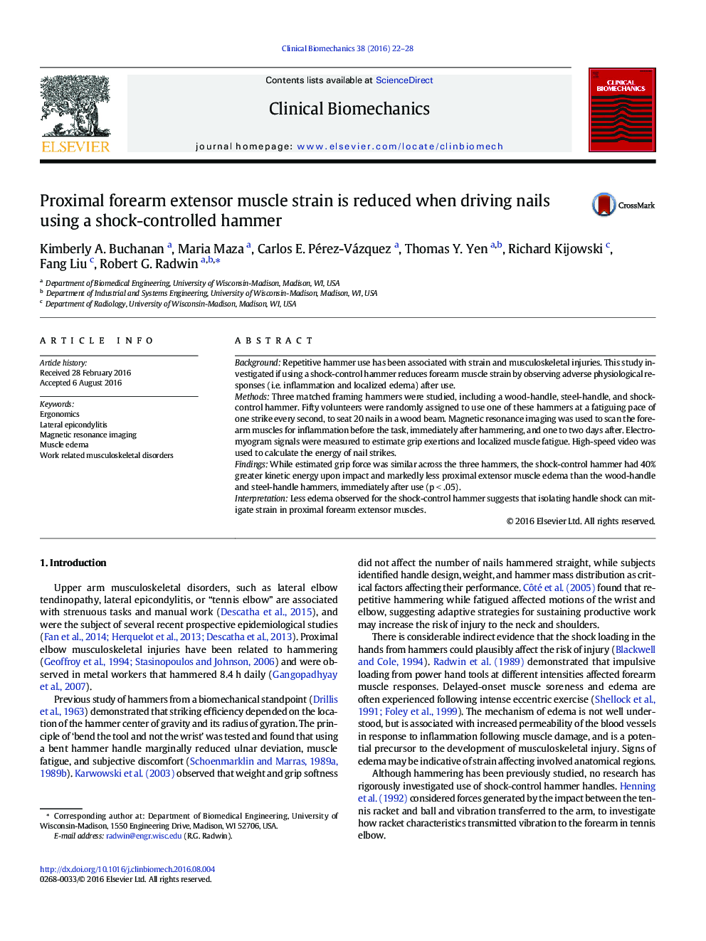 Proximal forearm extensor muscle strain is reduced when driving nails using a shock-controlled hammer