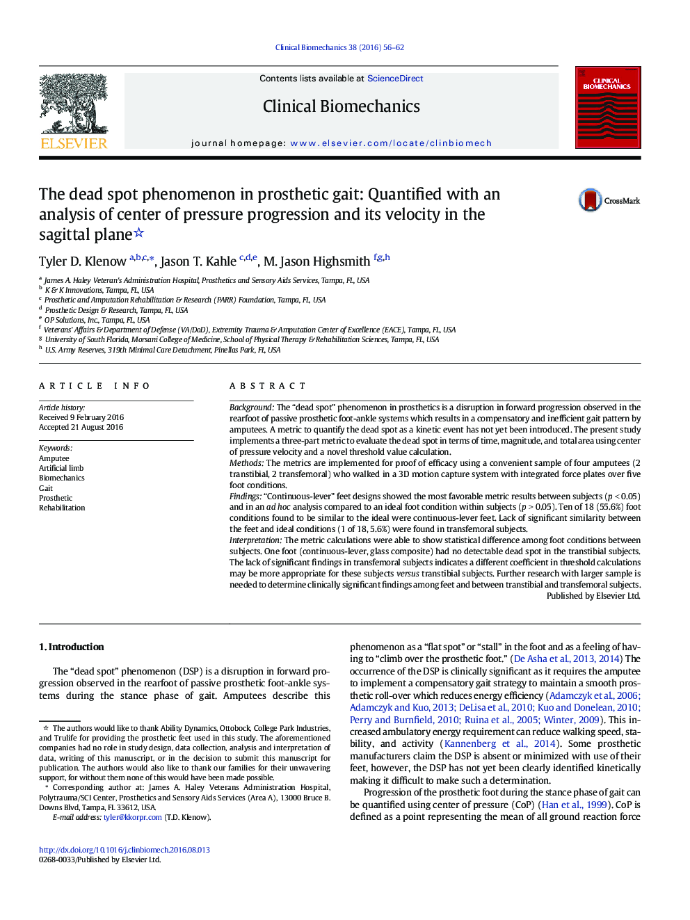 The dead spot phenomenon in prosthetic gait: Quantified with an analysis of center of pressure progression and its velocity in the sagittal plane 