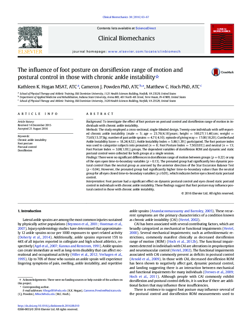 The influence of foot posture on dorsiflexion range of motion and postural control in those with chronic ankle instability 