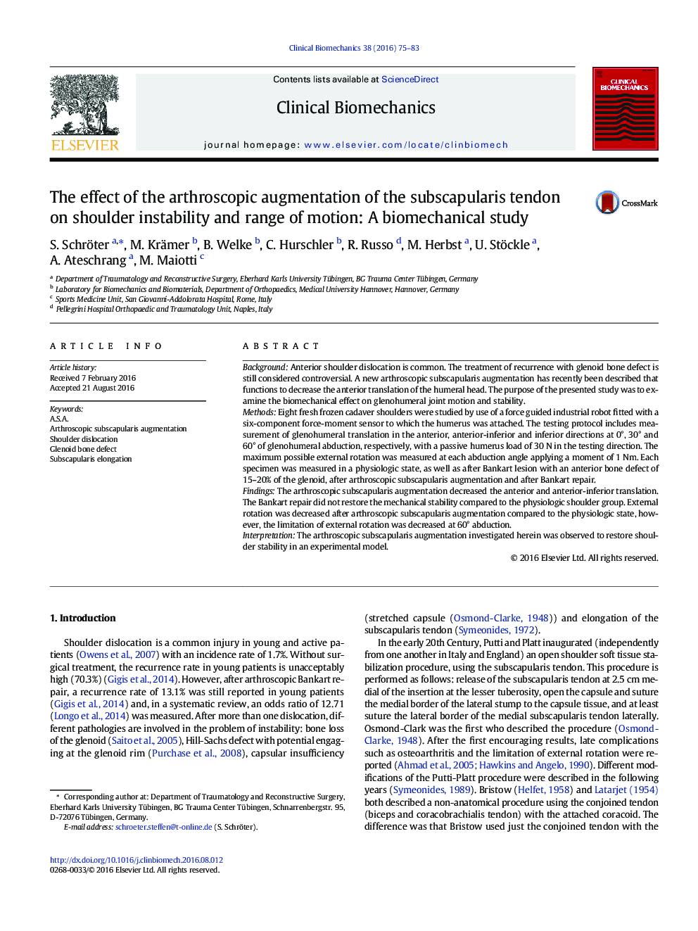 The effect of the arthroscopic augmentation of the subscapularis tendon on shoulder instability and range of motion: A biomechanical study