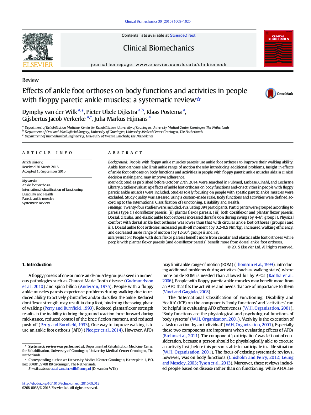 Effects of ankle foot orthoses on body functions and activities in people with floppy paretic ankle muscles: a systematic review 