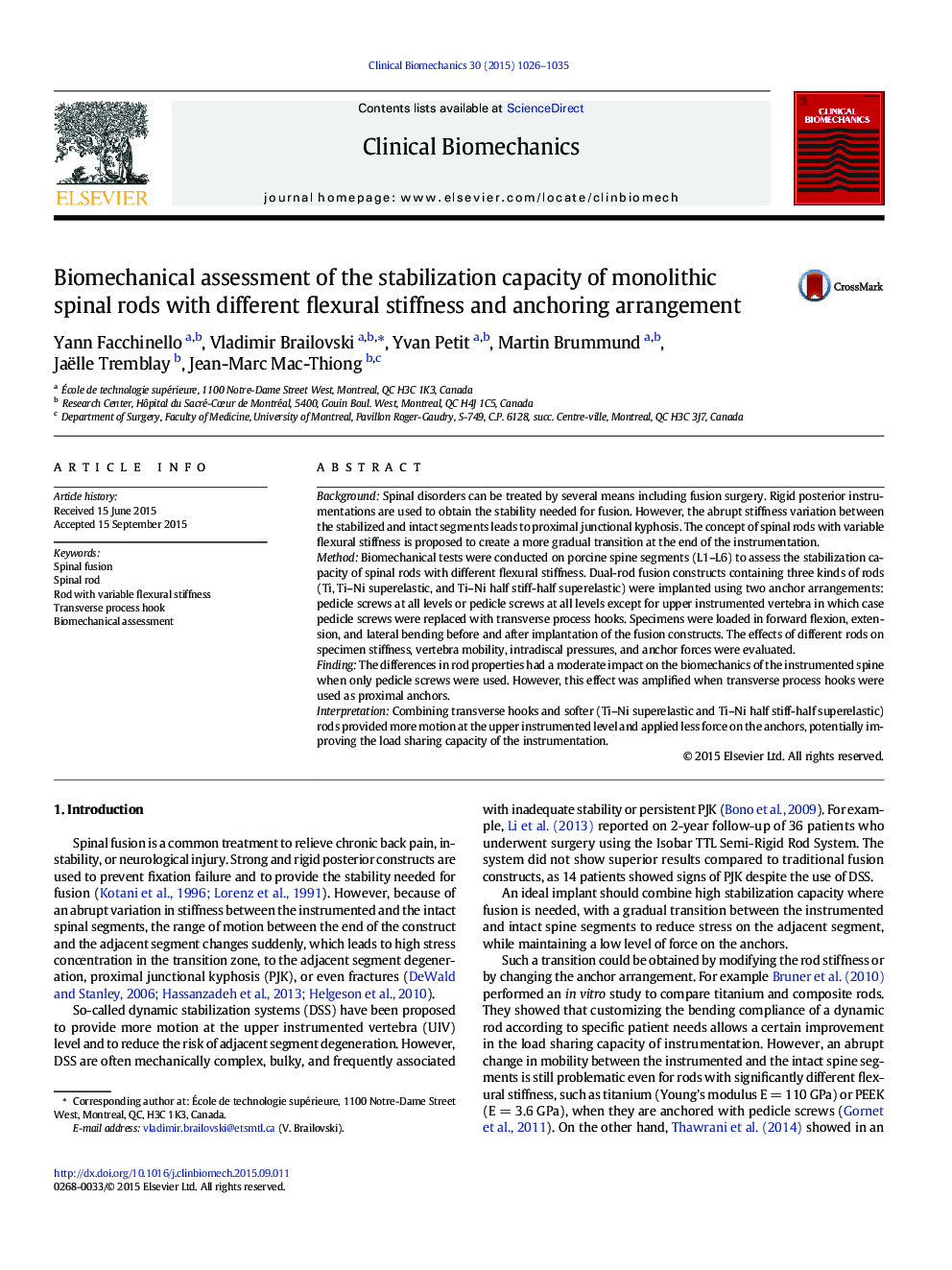 Biomechanical assessment of the stabilization capacity of monolithic spinal rods with different flexural stiffness and anchoring arrangement