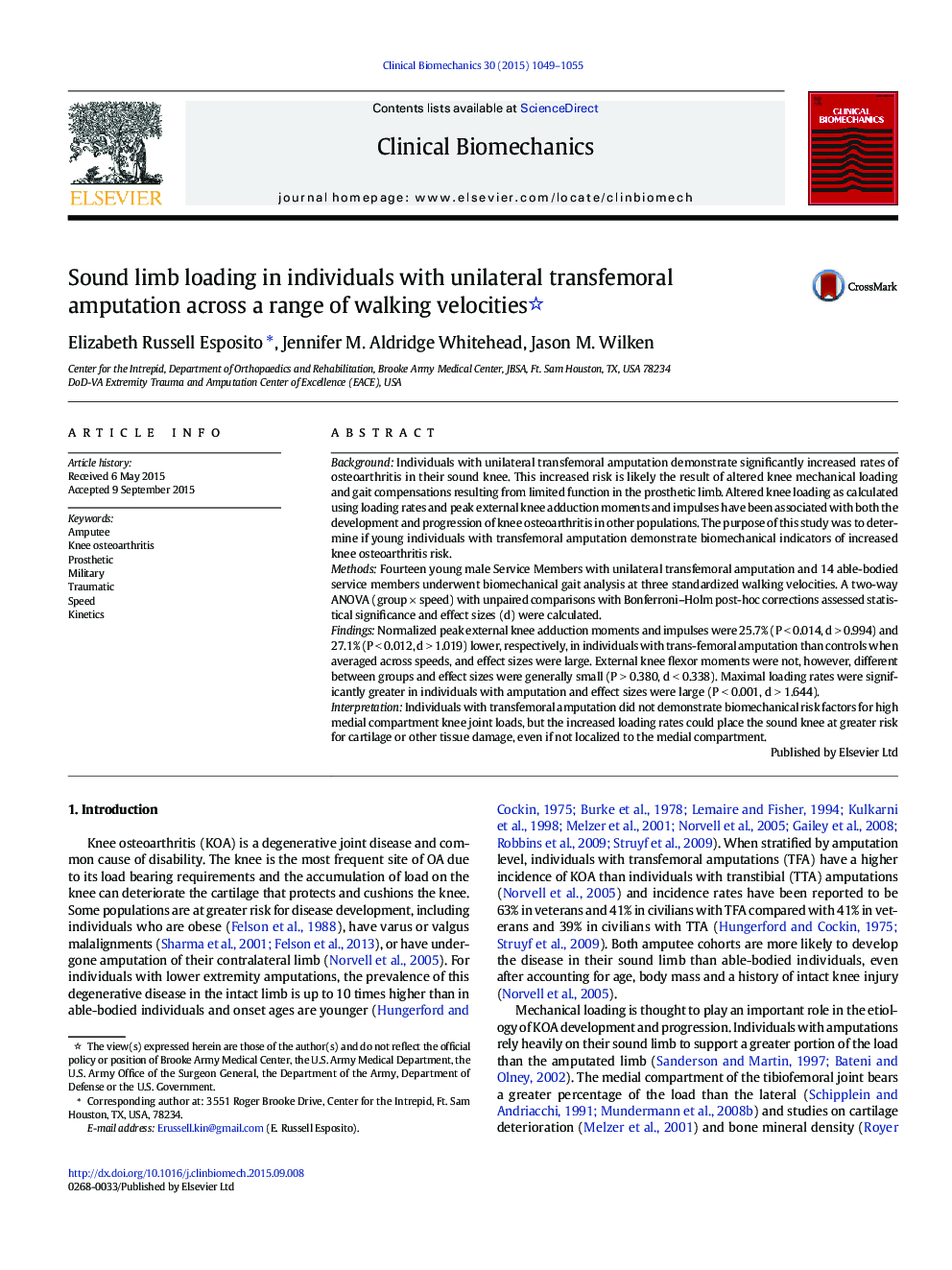 Sound limb loading in individuals with unilateral transfemoral amputation across a range of walking velocities 