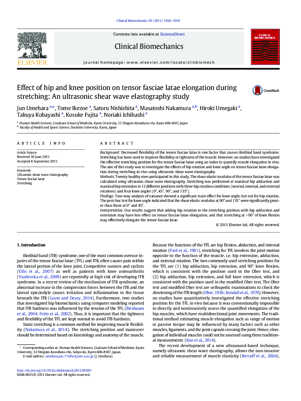 Effect of hip and knee position on tensor fasciae latae elongation during stretching: An ultrasonic shear wave elastography study