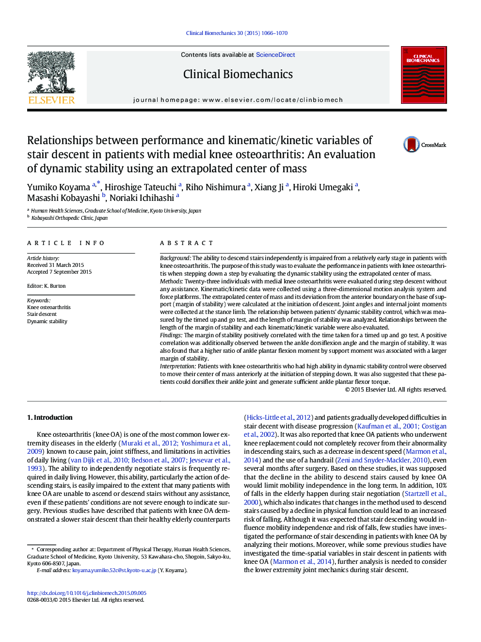 Relationships between performance and kinematic/kinetic variables of stair descent in patients with medial knee osteoarthritis: An evaluation of dynamic stability using an extrapolated center of mass