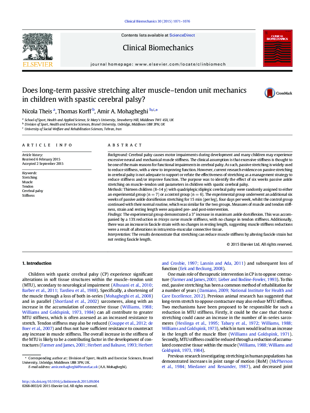 Does long-term passive stretching alter muscle–tendon unit mechanics in children with spastic cerebral palsy?