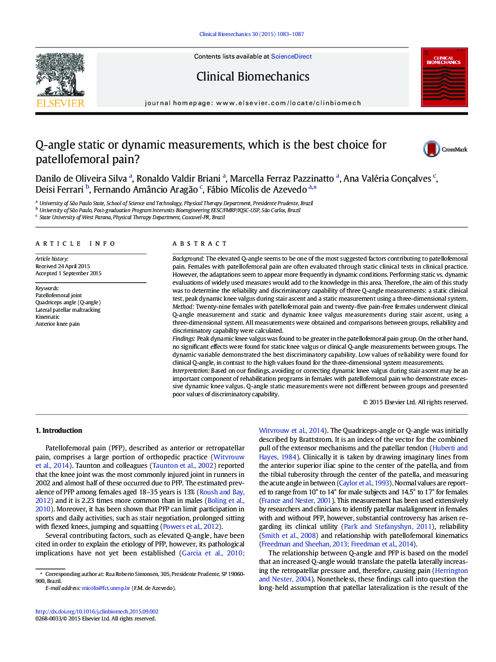 Q-angle static or dynamic measurements, which is the best choice for patellofemoral pain?