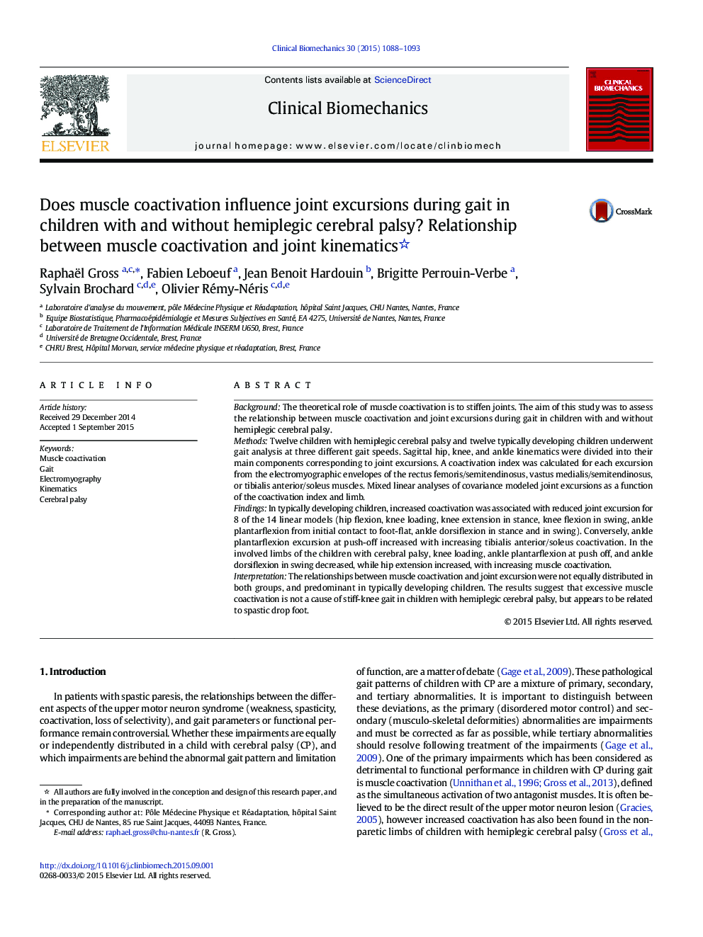 Does muscle coactivation influence joint excursions during gait in children with and without hemiplegic cerebral palsy? Relationship between muscle coactivation and joint kinematics 