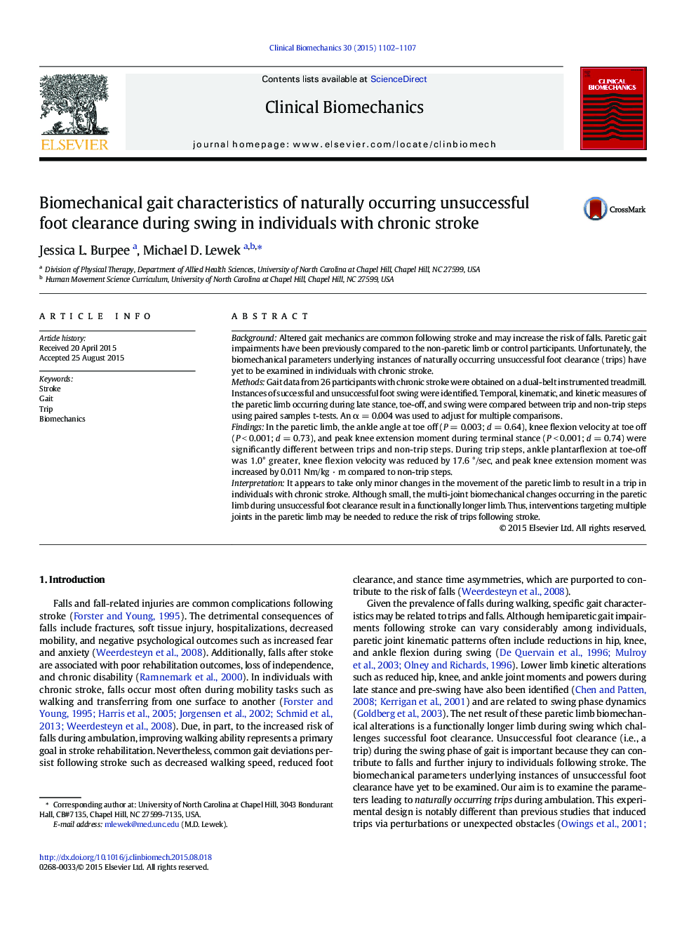 Biomechanical gait characteristics of naturally occurring unsuccessful foot clearance during swing in individuals with chronic stroke