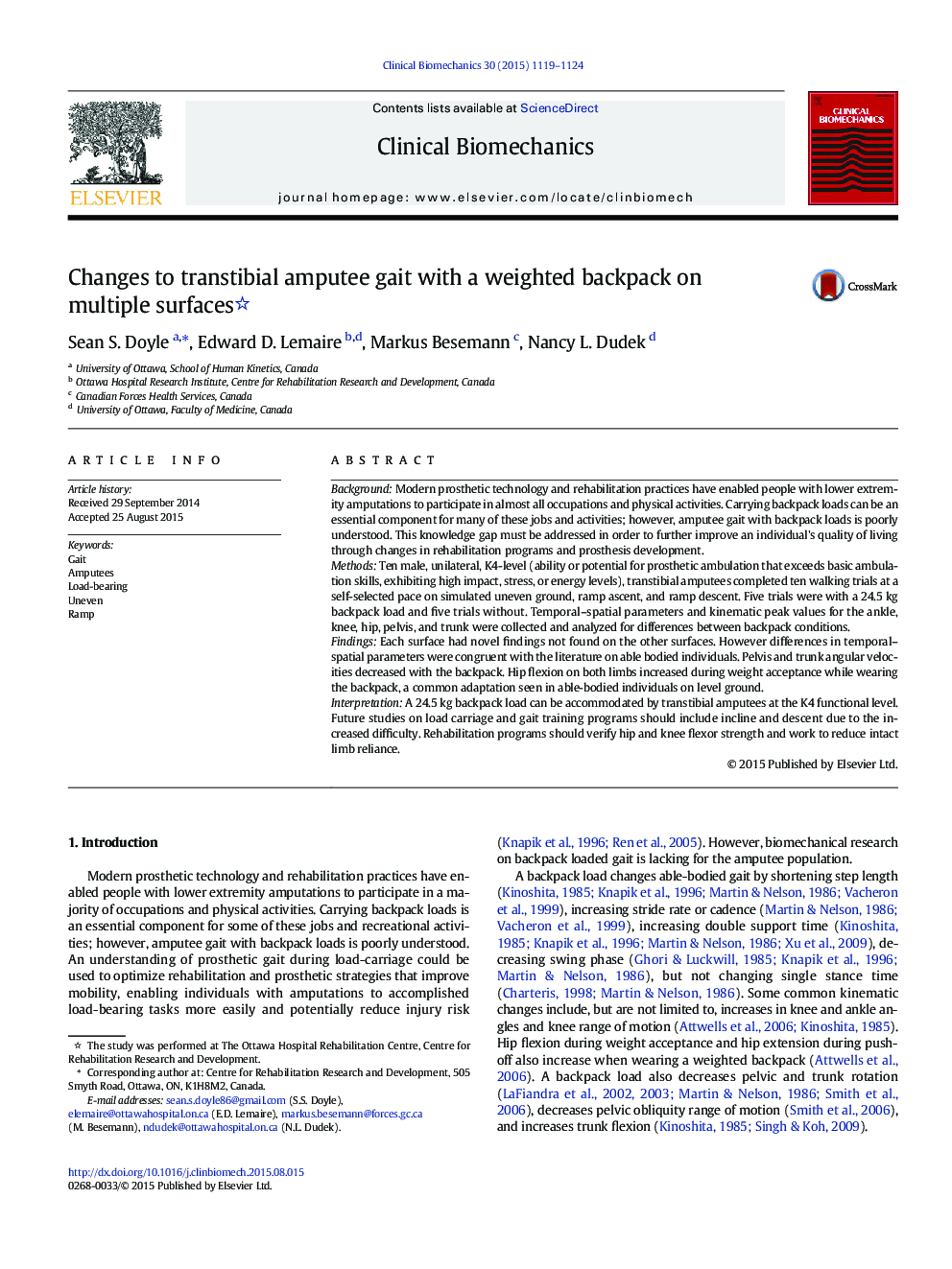 Changes to transtibial amputee gait with a weighted backpack on multiple surfaces 