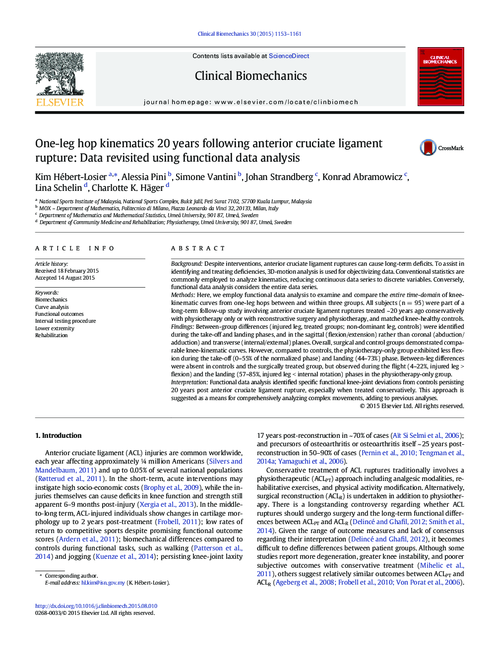 One-leg hop kinematics 20 years following anterior cruciate ligament rupture: Data revisited using functional data analysis