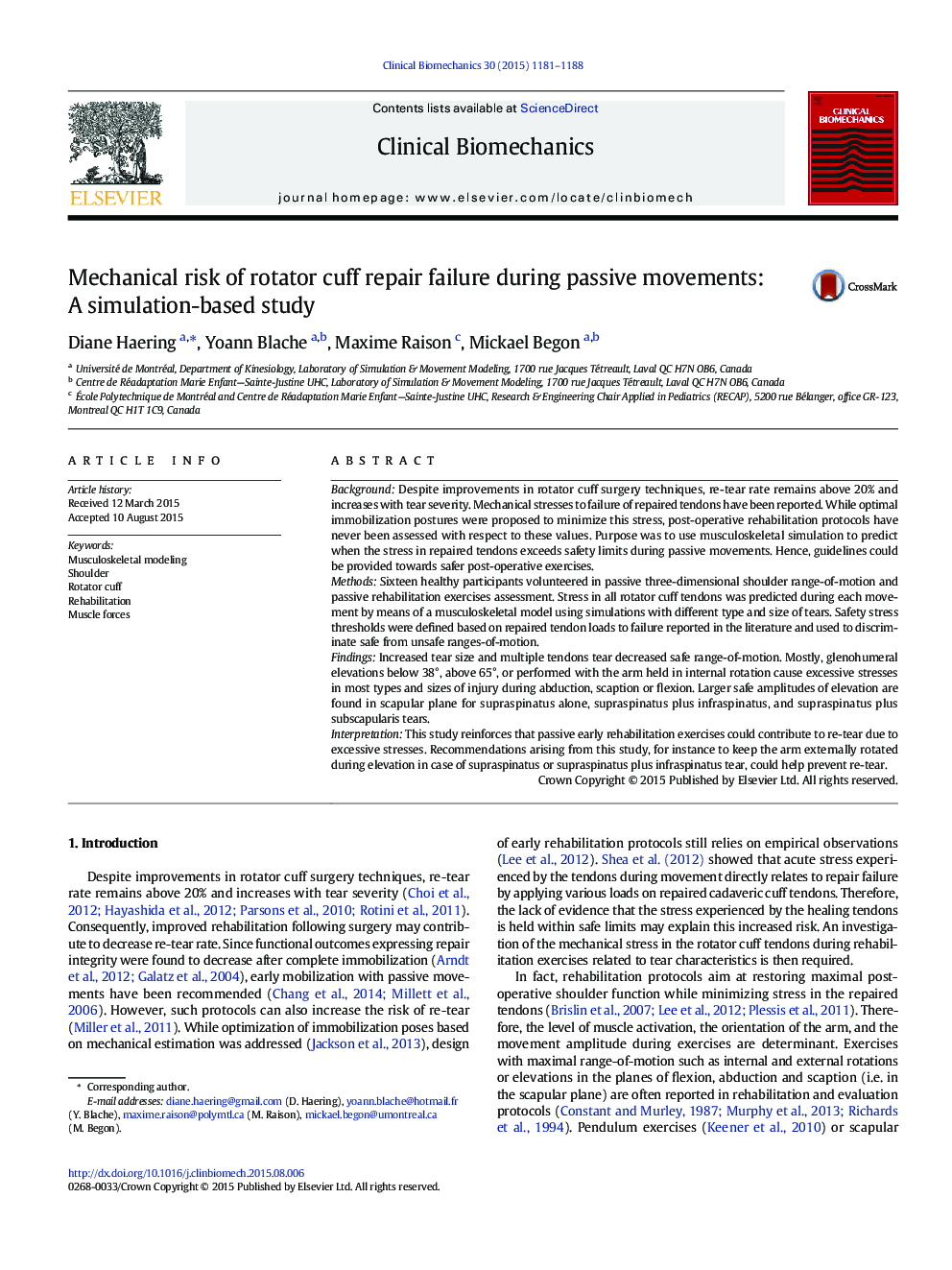 Mechanical risk of rotator cuff repair failure during passive movements: A simulation-based study