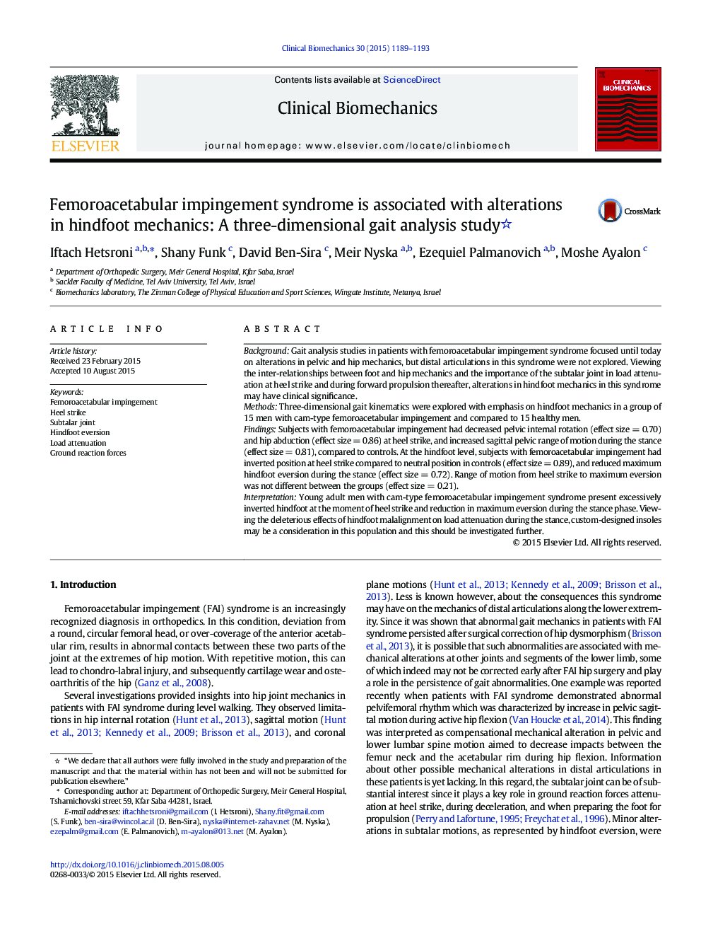 Femoroacetabular impingement syndrome is associated with alterations in hindfoot mechanics: A three-dimensional gait analysis study 