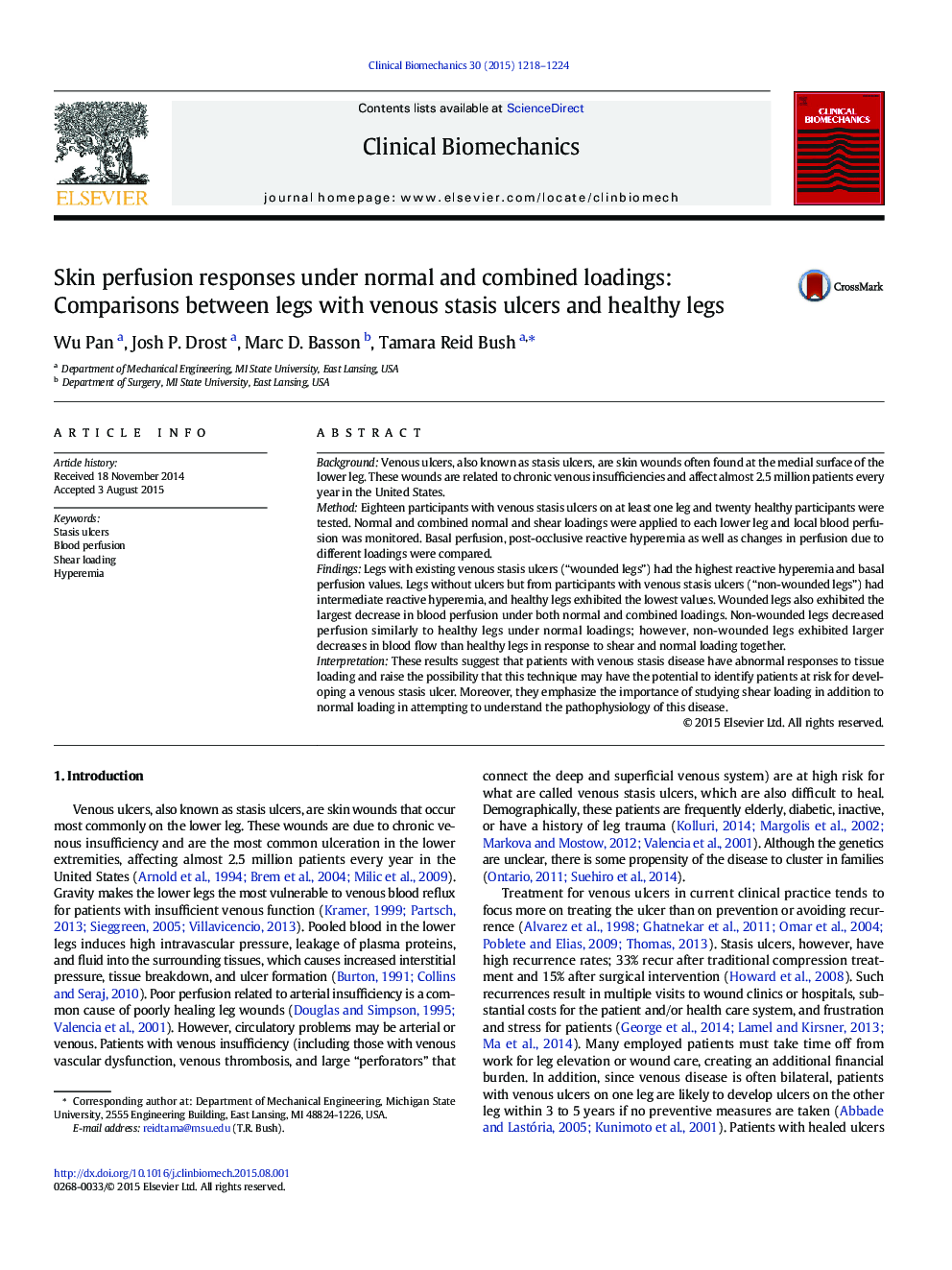 Skin perfusion responses under normal and combined loadings: Comparisons between legs with venous stasis ulcers and healthy legs