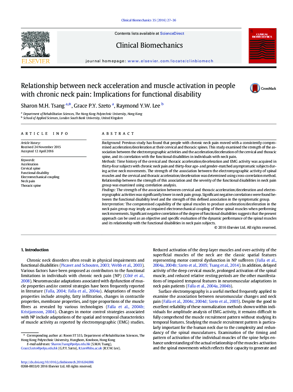 Relationship between neck acceleration and muscle activation in people with chronic neck pain: Implications for functional disability