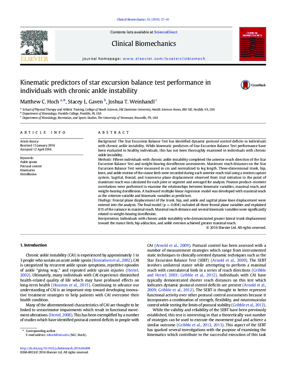 Kinematic predictors of star excursion balance test performance in individuals with chronic ankle instability