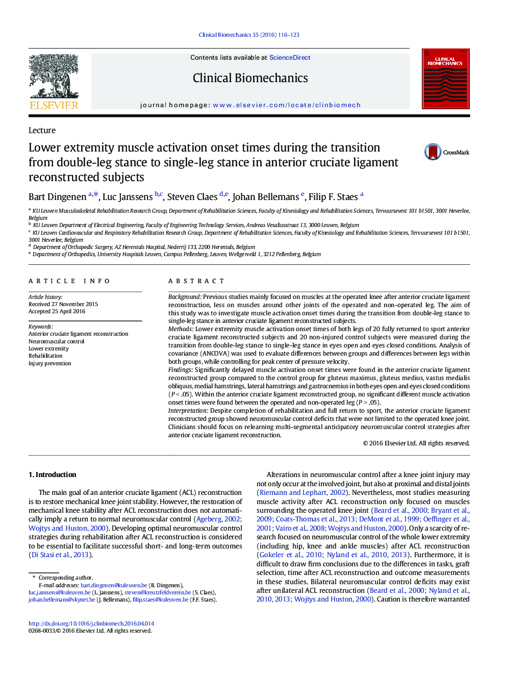 Lower extremity muscle activation onset times during the transition from double-leg stance to single-leg stance in anterior cruciate ligament reconstructed subjects