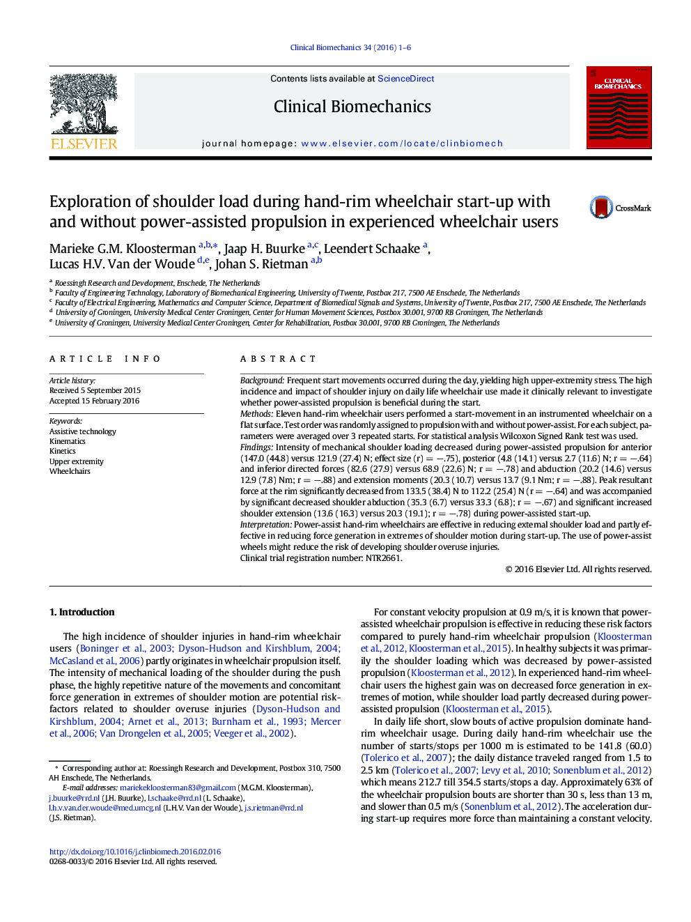 Exploration of shoulder load during hand-rim wheelchair start-up with and without power-assisted propulsion in experienced wheelchair users