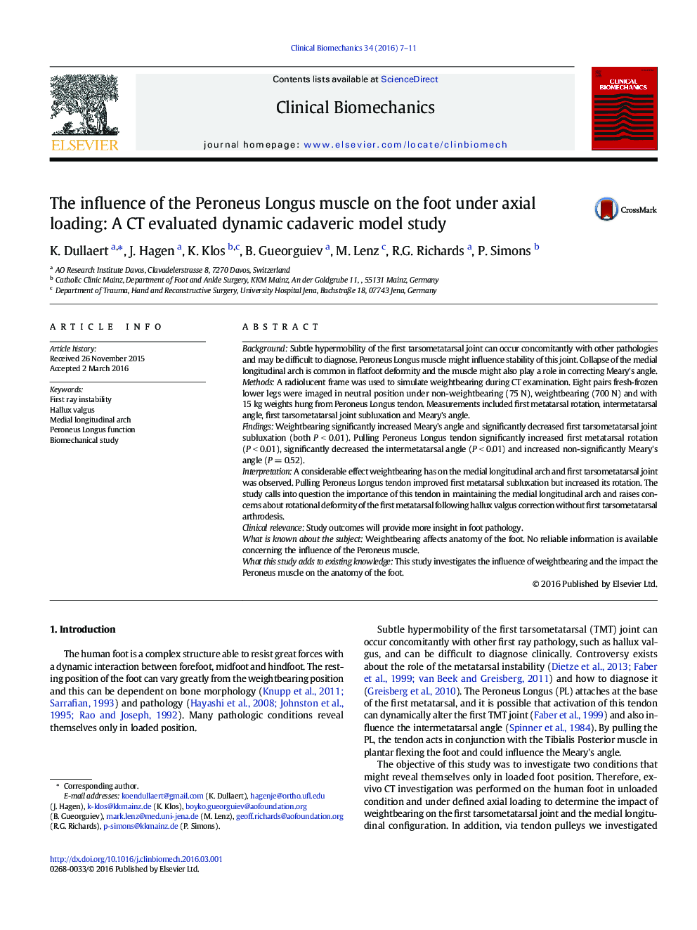 The influence of the Peroneus Longus muscle on the foot under axial loading: A CT evaluated dynamic cadaveric model study