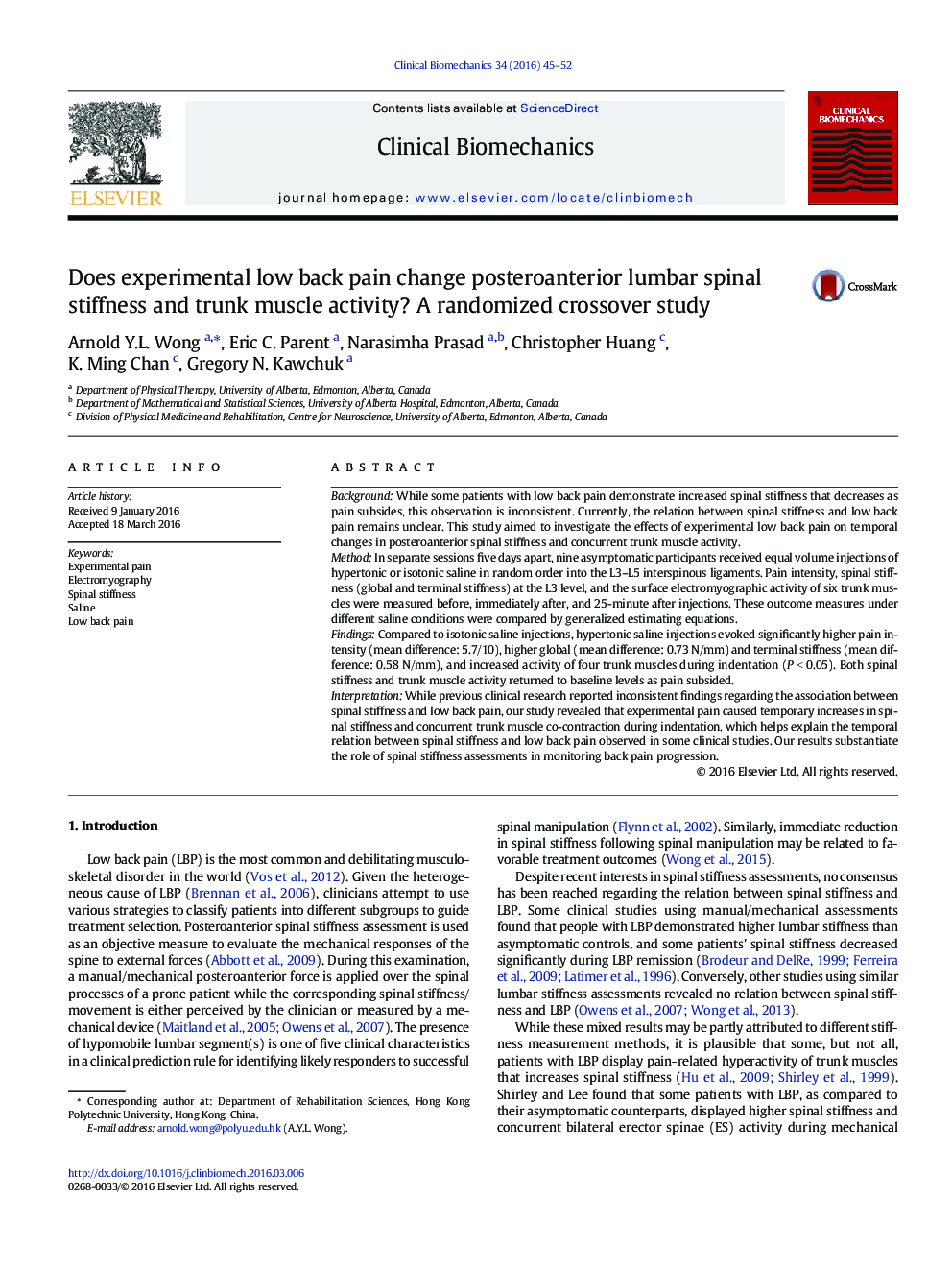 Does experimental low back pain change posteroanterior lumbar spinal stiffness and trunk muscle activity? A randomized crossover study 