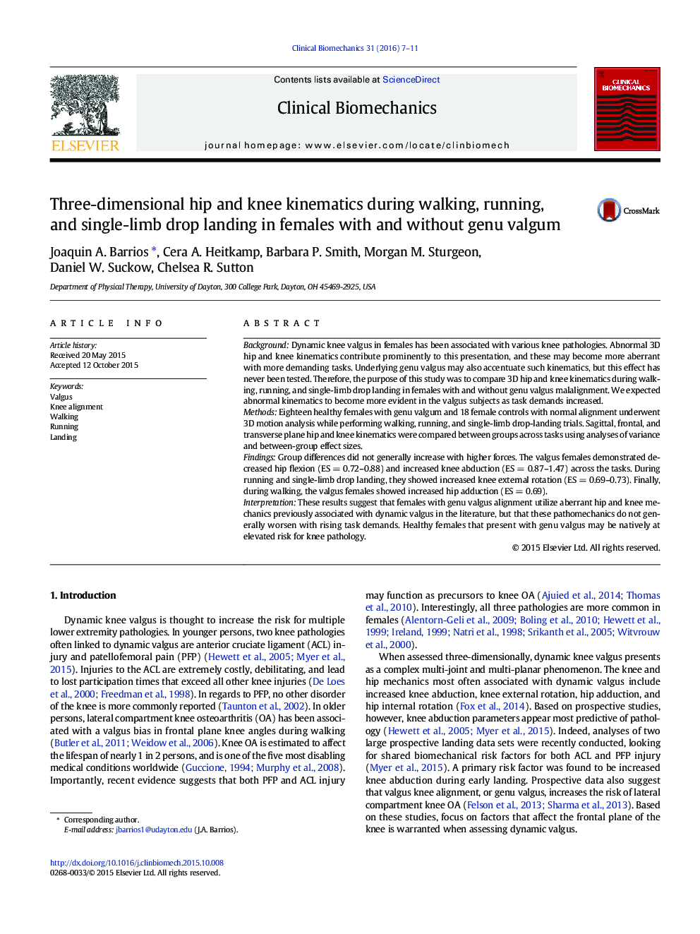 Three-dimensional hip and knee kinematics during walking, running, and single-limb drop landing in females with and without genu valgum