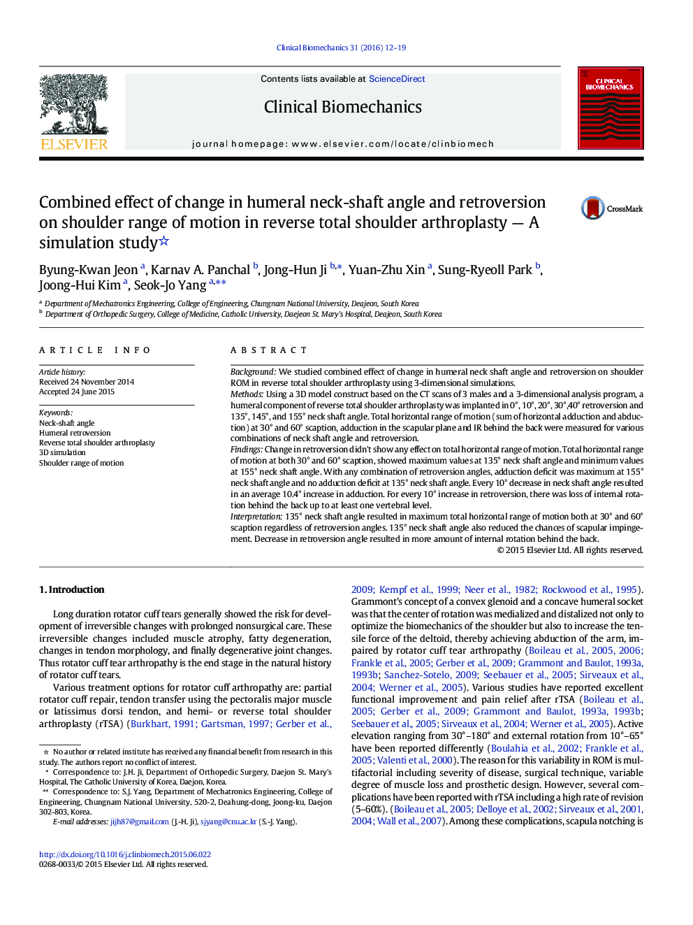 Combined effect of change in humeral neck-shaft angle and retroversion on shoulder range of motion in reverse total shoulder arthroplasty — A simulation study 