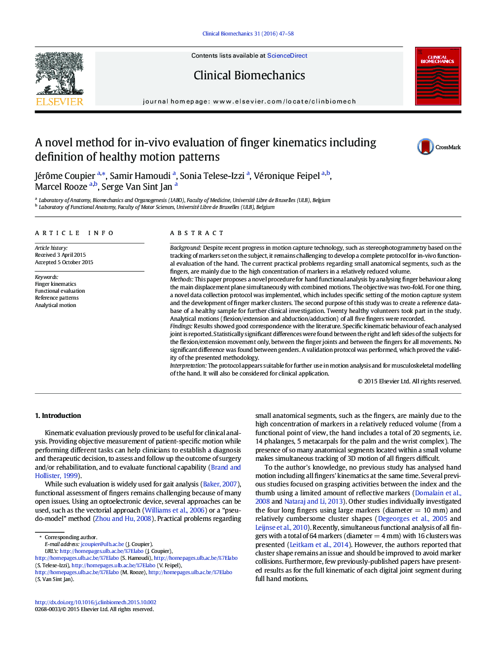 A novel method for in-vivo evaluation of finger kinematics including definition of healthy motion patterns