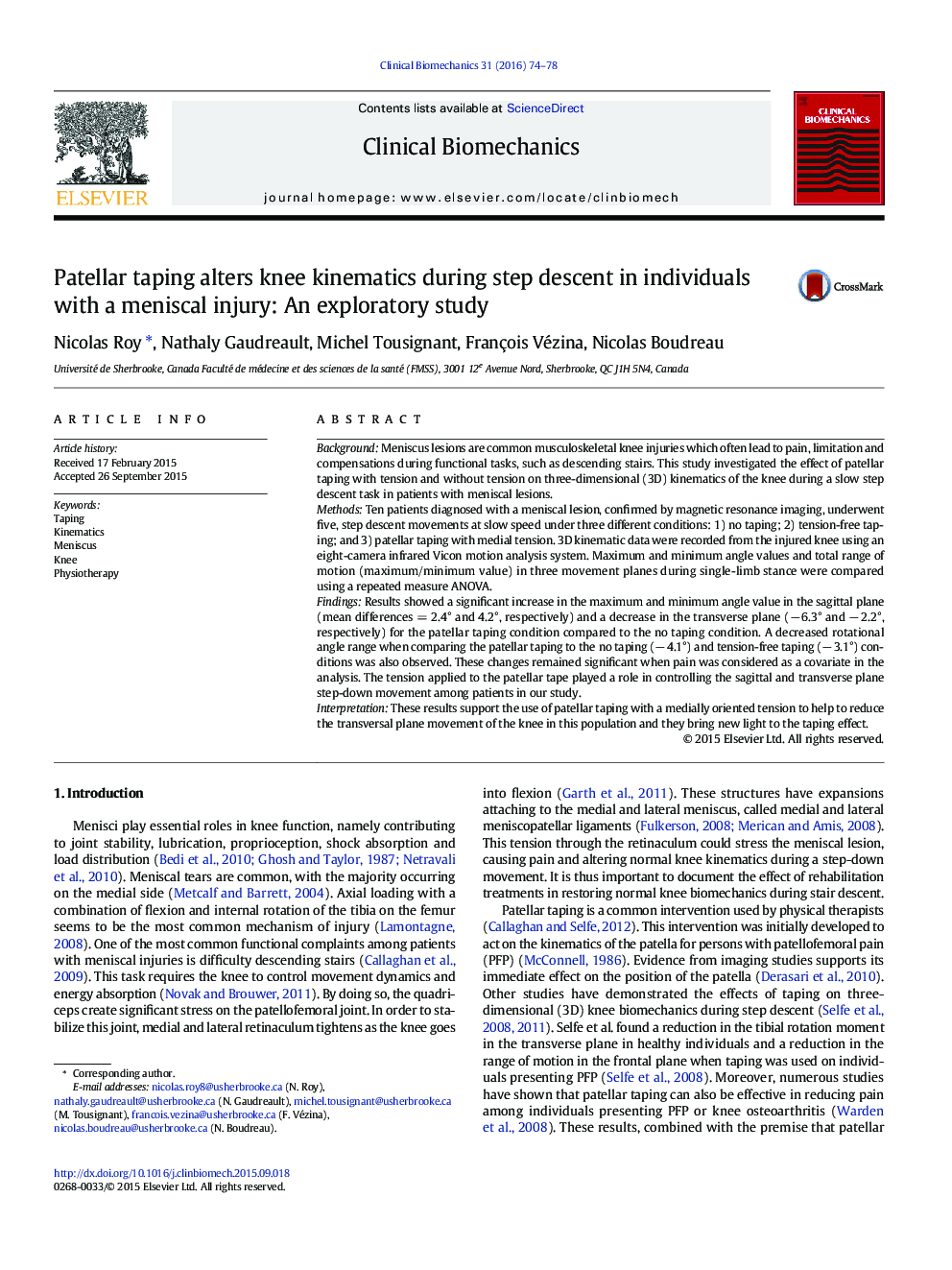 Patellar taping alters knee kinematics during step descent in individuals with a meniscal injury: An exploratory study