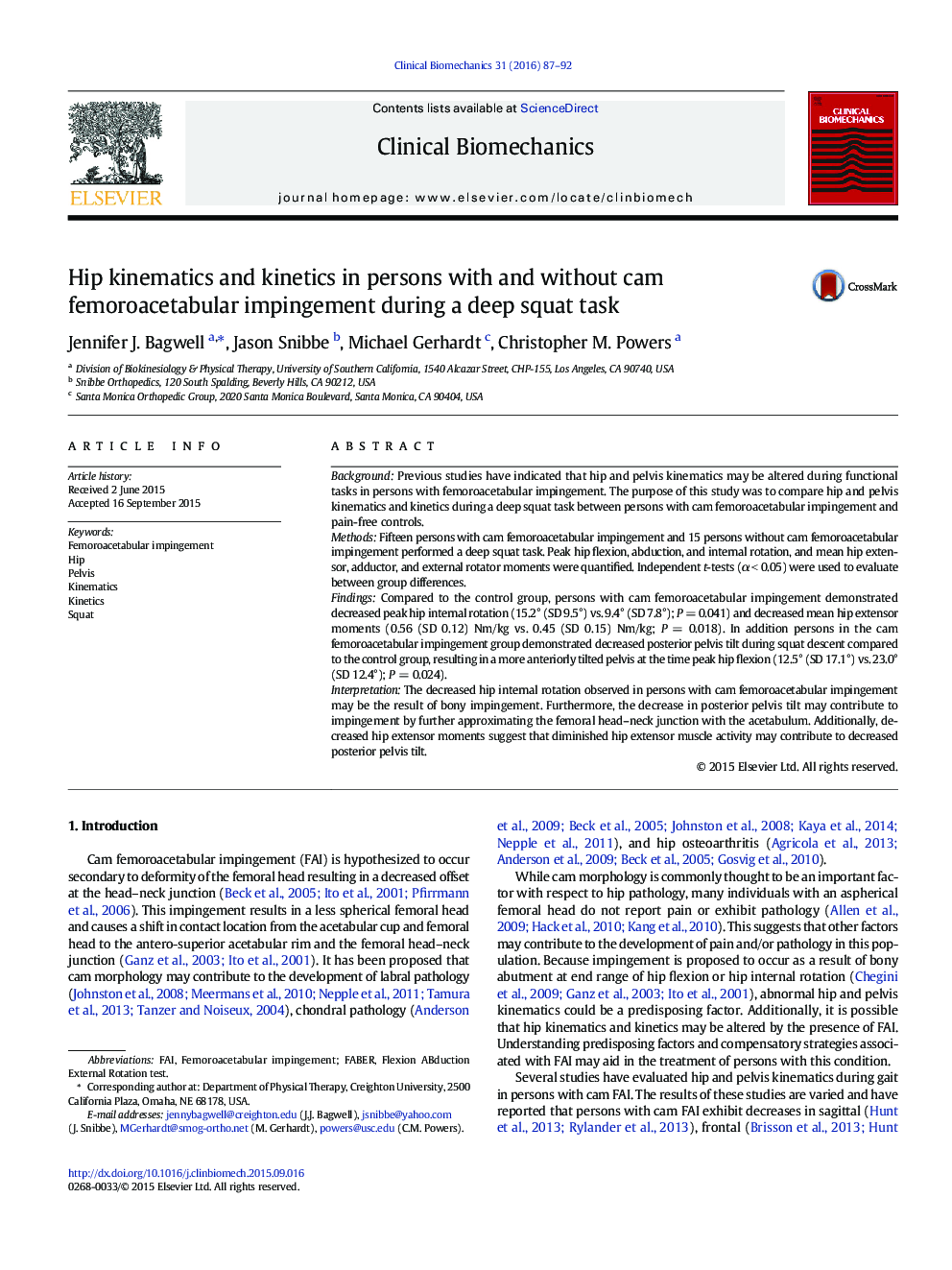 Hip kinematics and kinetics in persons with and without cam femoroacetabular impingement during a deep squat task