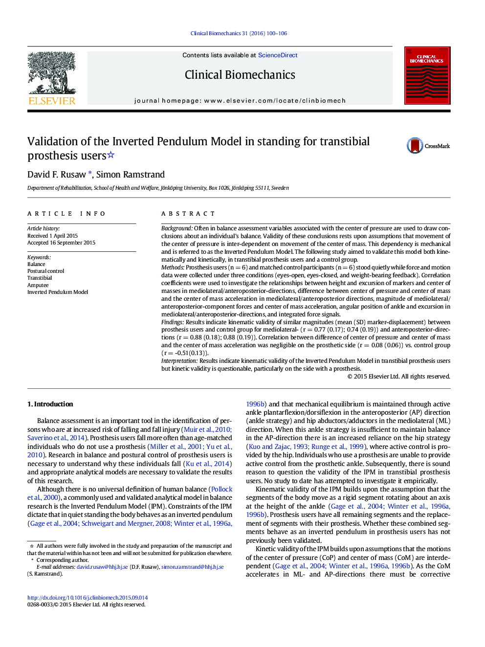 Validation of the Inverted Pendulum Model in standing for transtibial prosthesis users 