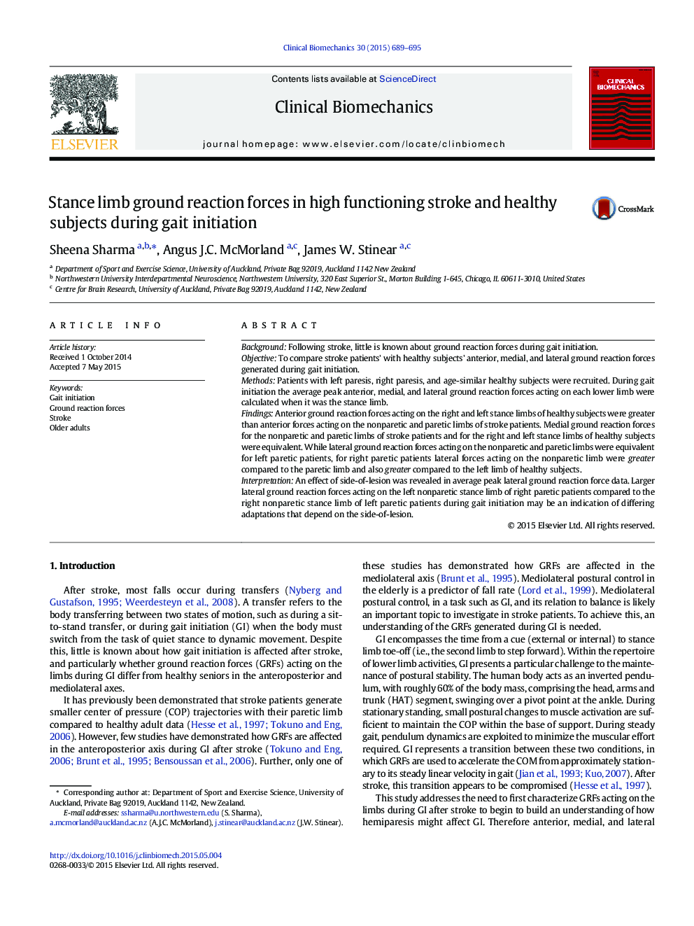 Stance limb ground reaction forces in high functioning stroke and healthy subjects during gait initiation