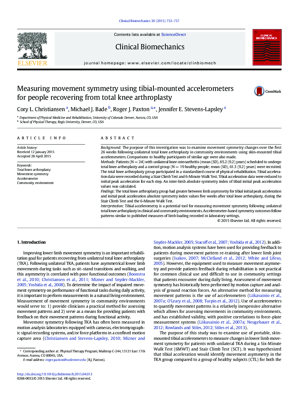 Measuring movement symmetry using tibial-mounted accelerometers for people recovering from total knee arthroplasty